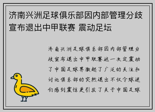 济南兴洲足球俱乐部因内部管理分歧宣布退出中甲联赛 震动足坛