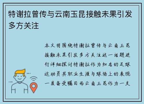 特谢拉曾传与云南玉昆接触未果引发多方关注