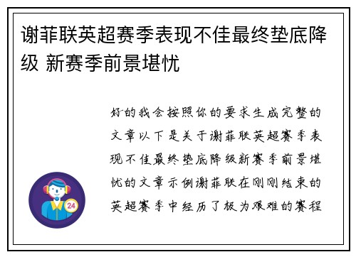 谢菲联英超赛季表现不佳最终垫底降级 新赛季前景堪忧